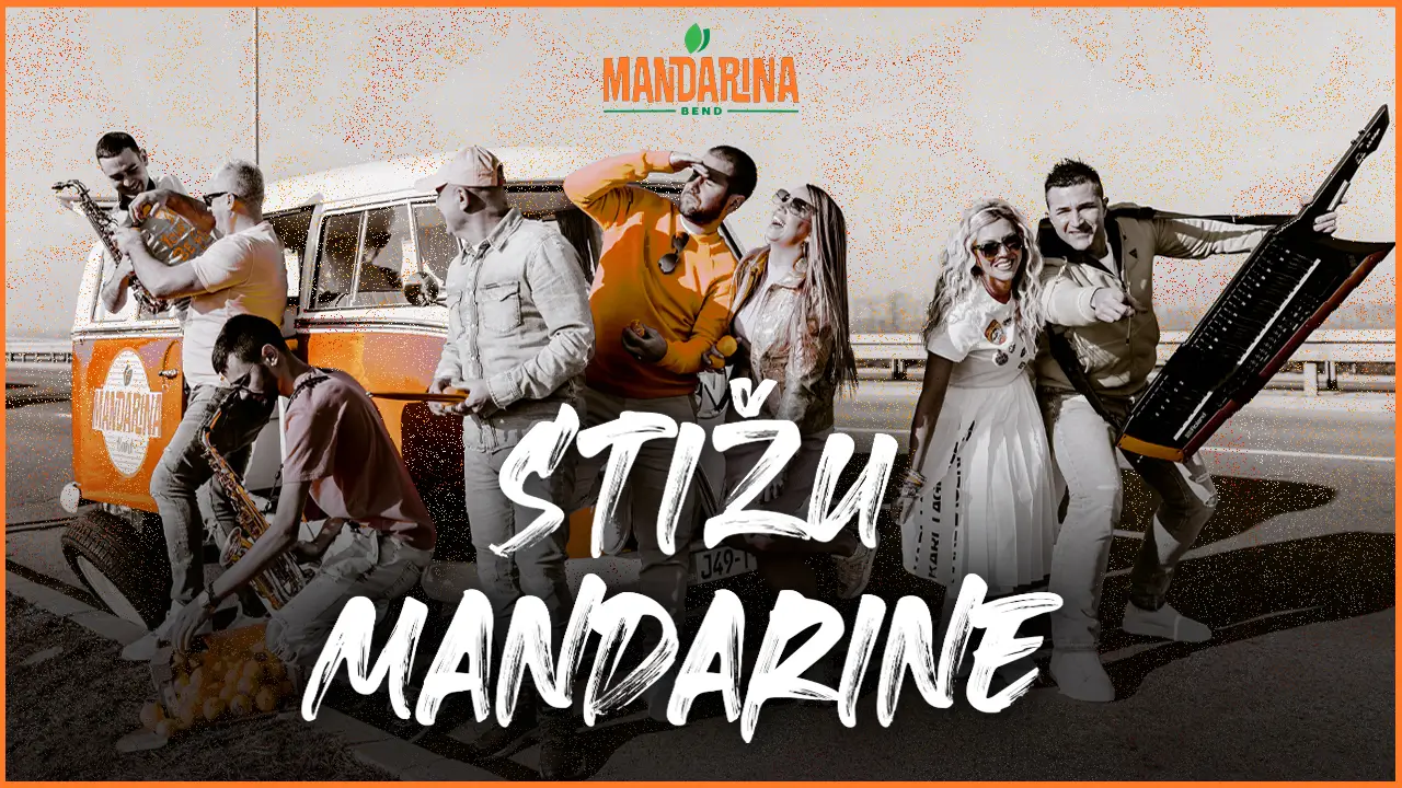 Mandarina bend muzika za svadbe, venčanja i proslave - reklamni poster sa članovima benda koji drže instrumente